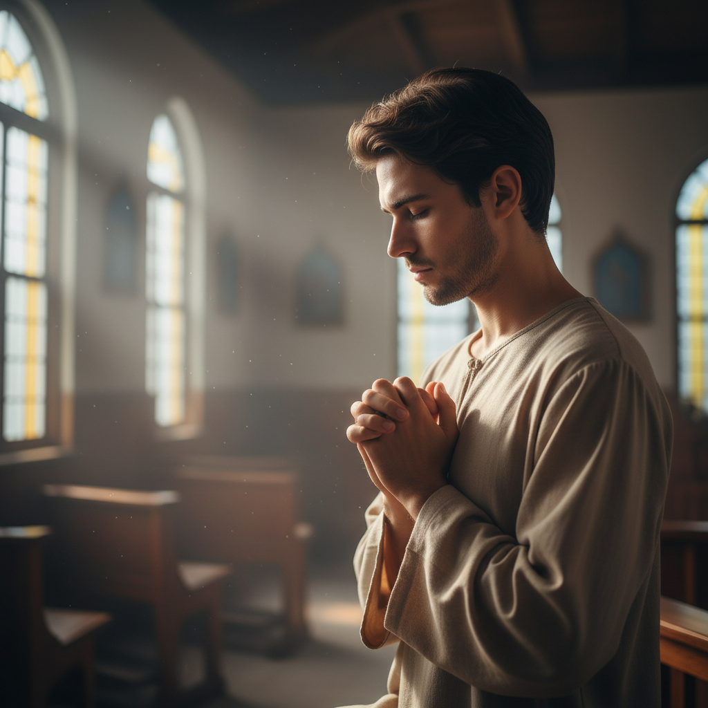 Young man in dark faith-inspired clothing standing in warm golden light, church architecture in background, purposeful pose