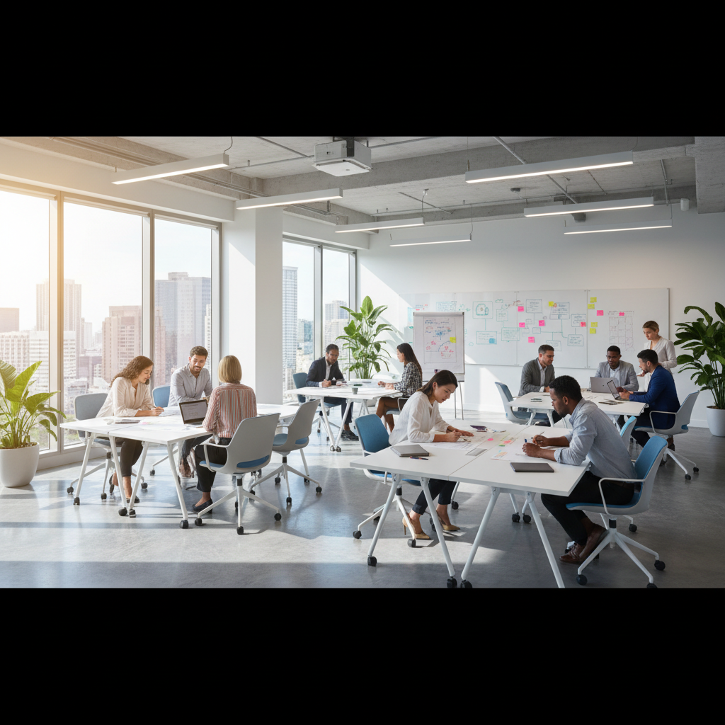Salle de formation avec participants actifs, ambiance collaborative et dynamique, éclairage professionnel sombre