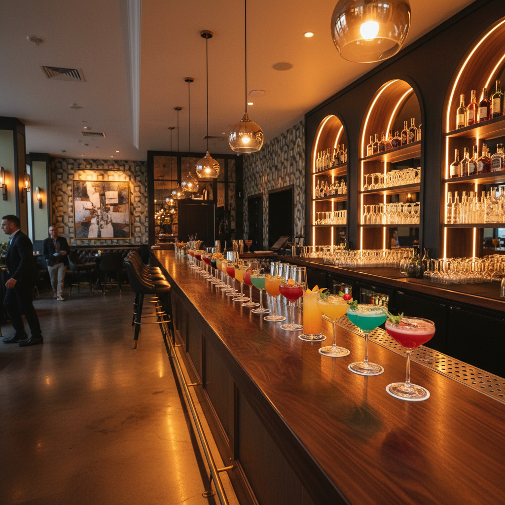 Elegant modern bar with craft cocktails and amber lighting