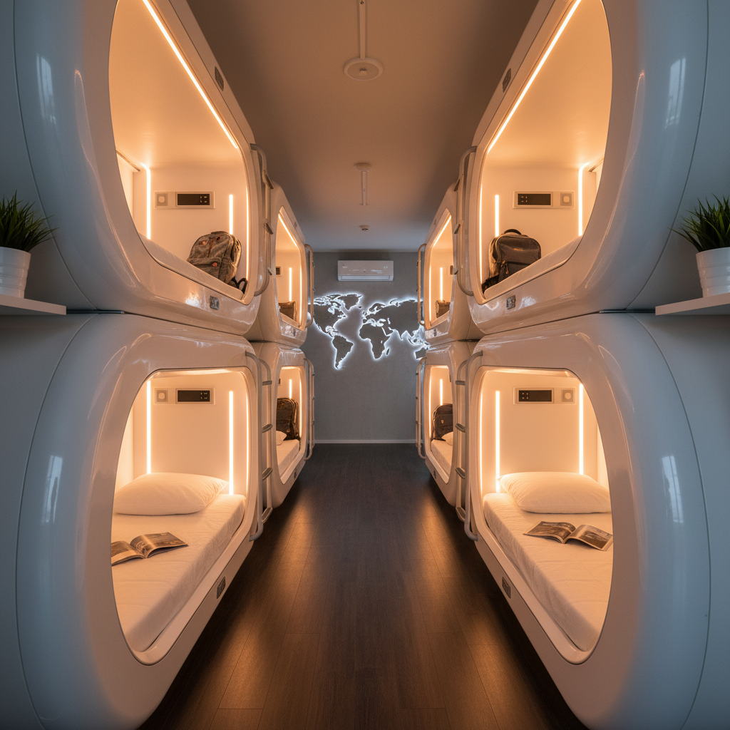 Modern hostel dormitory with capsule pod beds and individual lighting in Bangkok Thailand