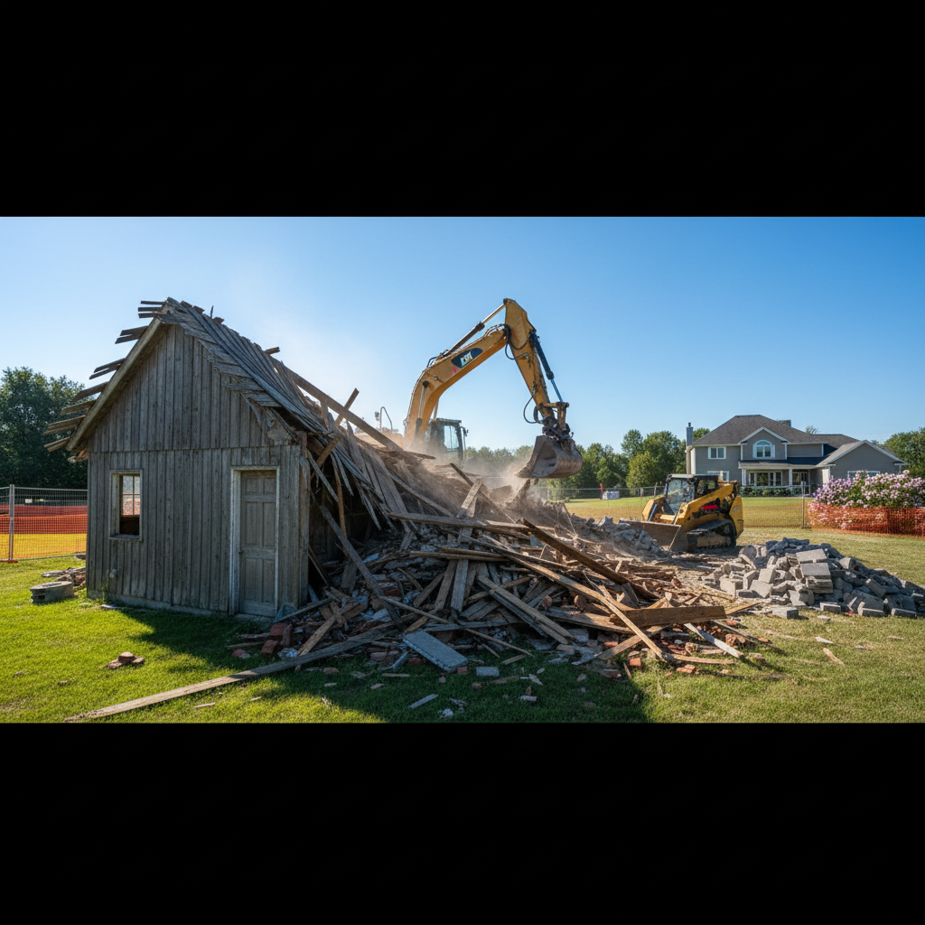 Old detached garage being demolished on a Nashville residential lot, clear blue sky, clean surroundings