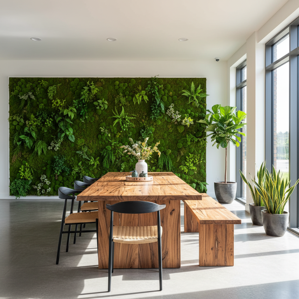 Open-plan dining area with reclaimed wood table and living moss wall accent behind seating
