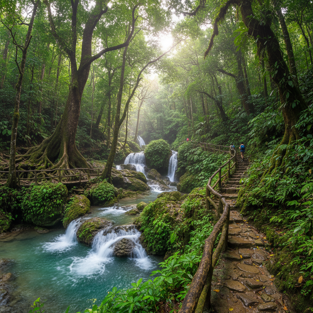 Adventure hiking trail through lush tropical forest with waterfall in Davao Philippines