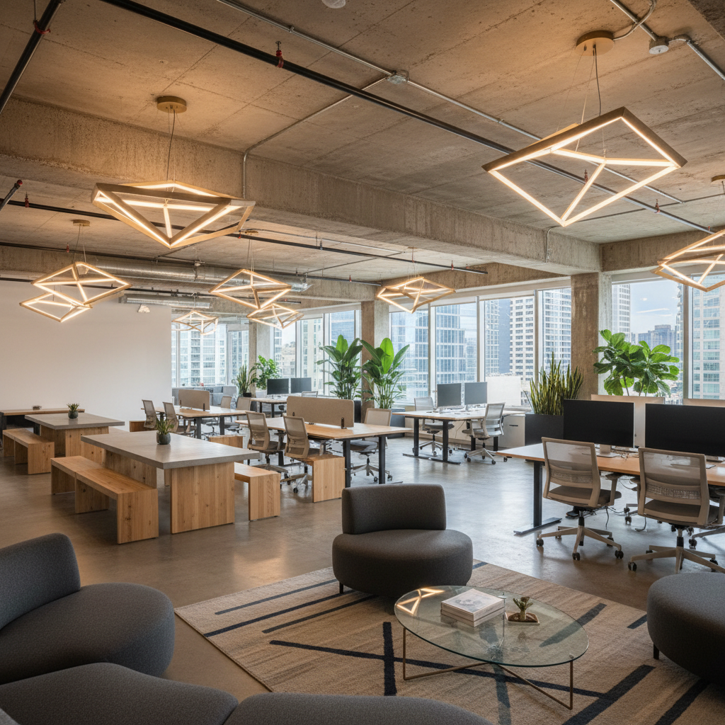Contemporary office with exposed concrete, warm wood accents, dark steel pendant lighting, moody atmospheric workspace
