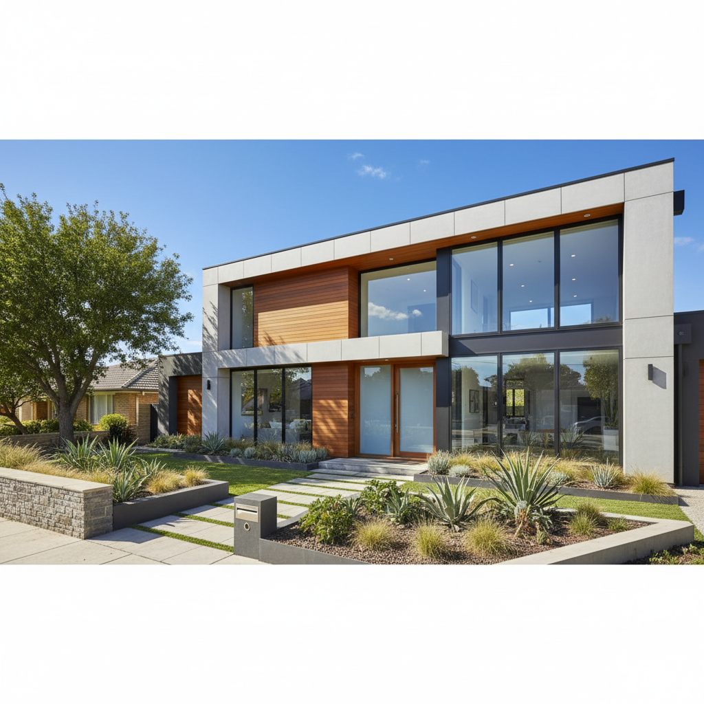 Modern two-story residential house with brick facade and garden