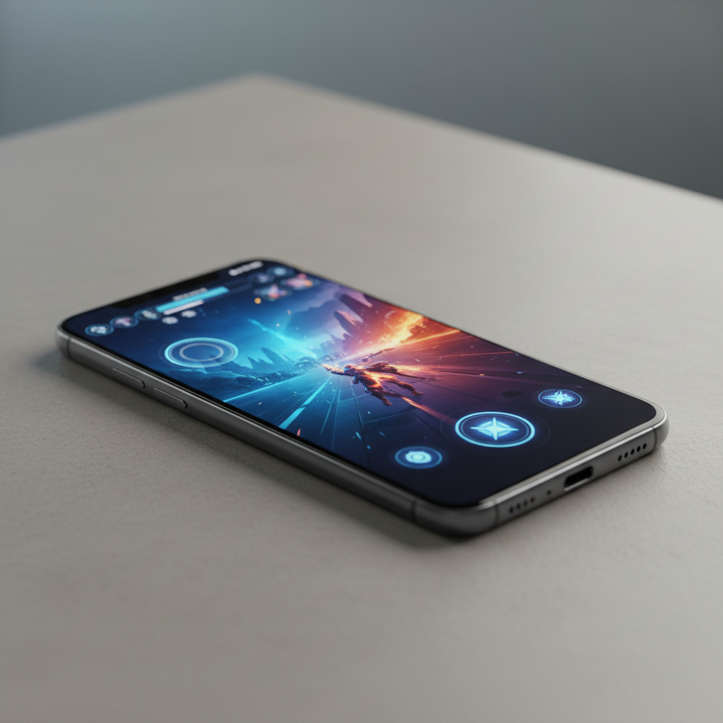 Android mobile gaming with neon lights and futuristic game interface on dark background