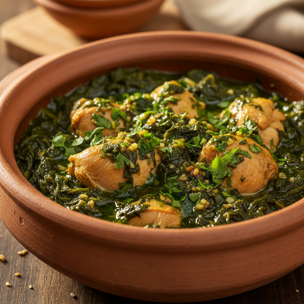 Traditional Egyptian molokhia soup in clay pot, green herb soup, warm kitchen setting