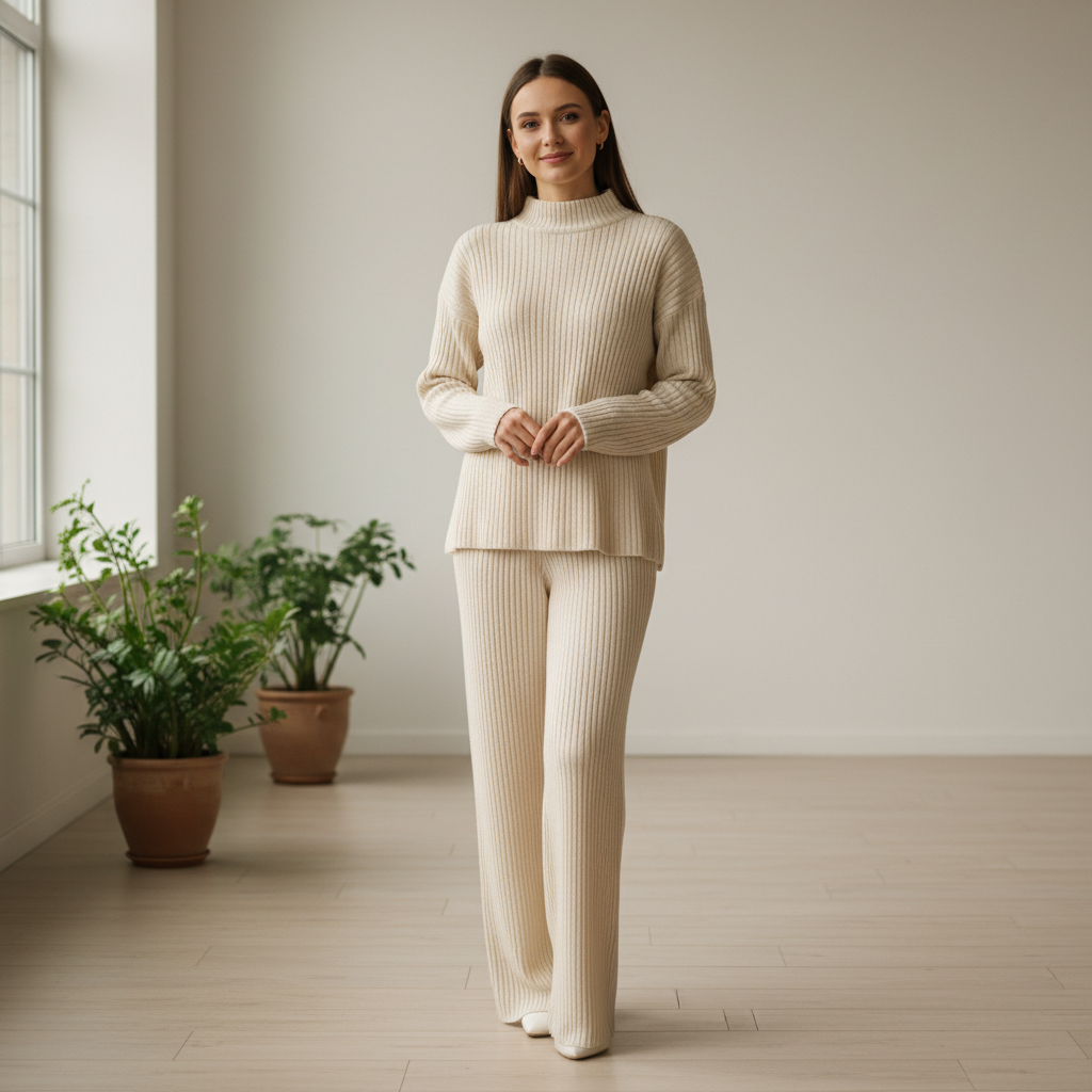 Woman in ribbed knit matching set, studio fashion photography, neutral background