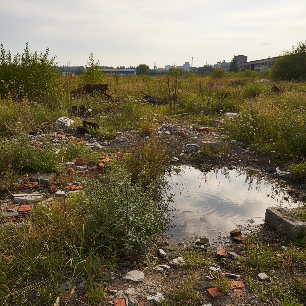 Overgrown lot with uneven terrain, standing water, and dense vegetation before excavation