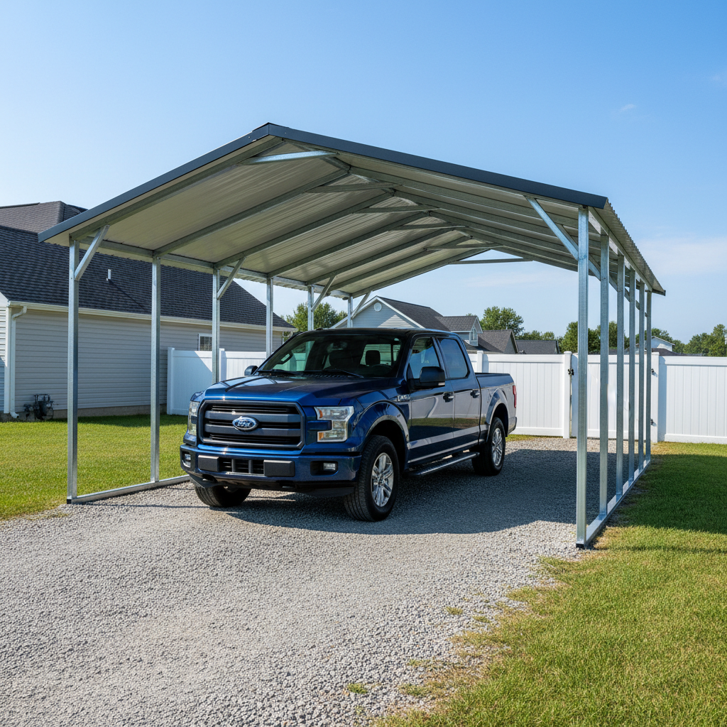Finished steel carport with pickup truck parked underneath on a clean gravel driveway