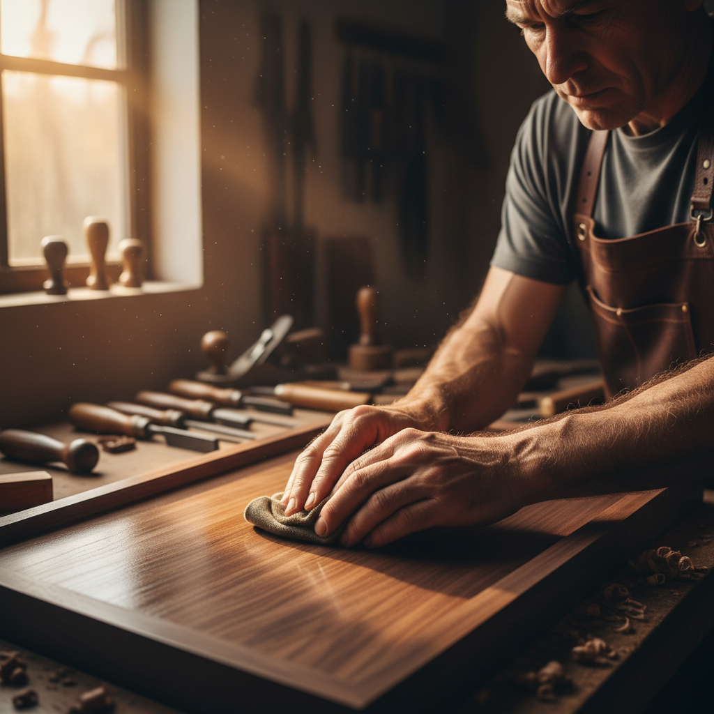Skilled craftsman carefully finishing a handmade wooden furniture piece in a well-lit workshop with tools visible in background