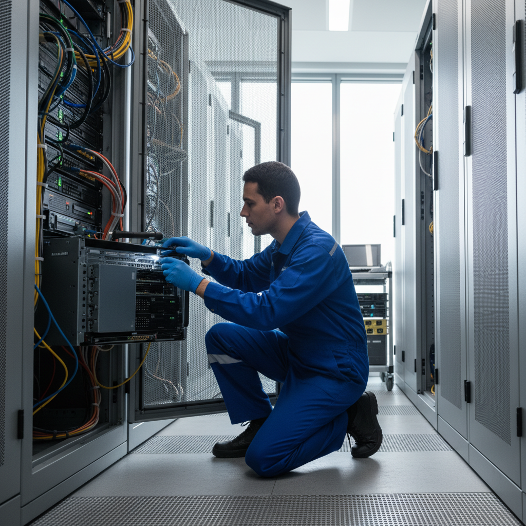 Technicien effectuant une maintenance sur des serveurs informatiques dans un datacenter