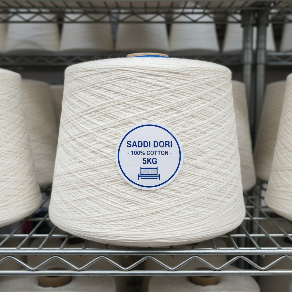 Large 5kg spool of plain saddi dori thread on warehouse shelf, white cotton thread