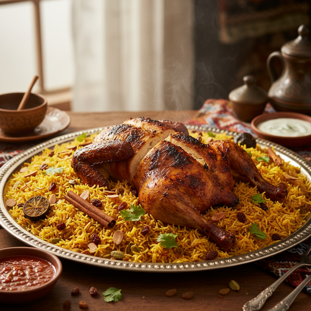 Whole smoked chicken mandi with fragrant yellow rice