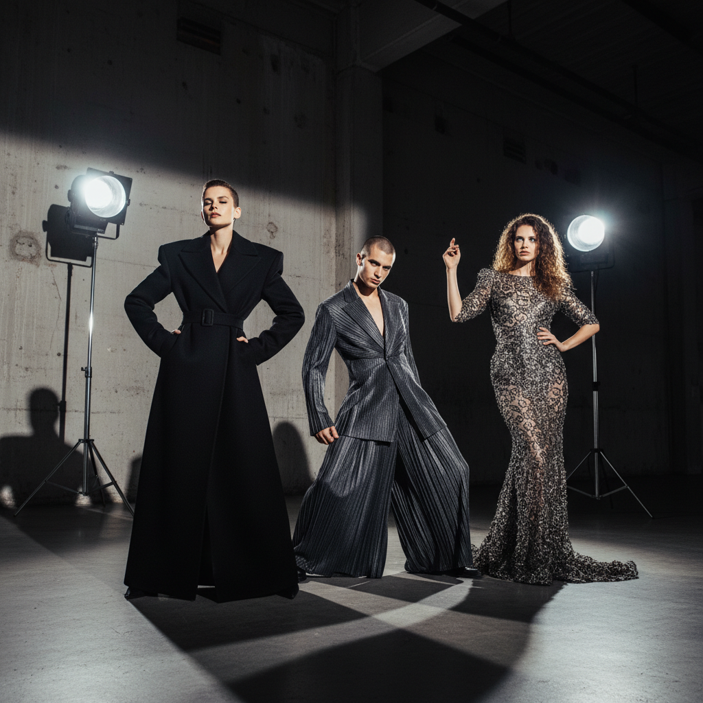 Fashion video reel, elegant model in dramatic lighting, dark moody aesthetic, cinematic shadows