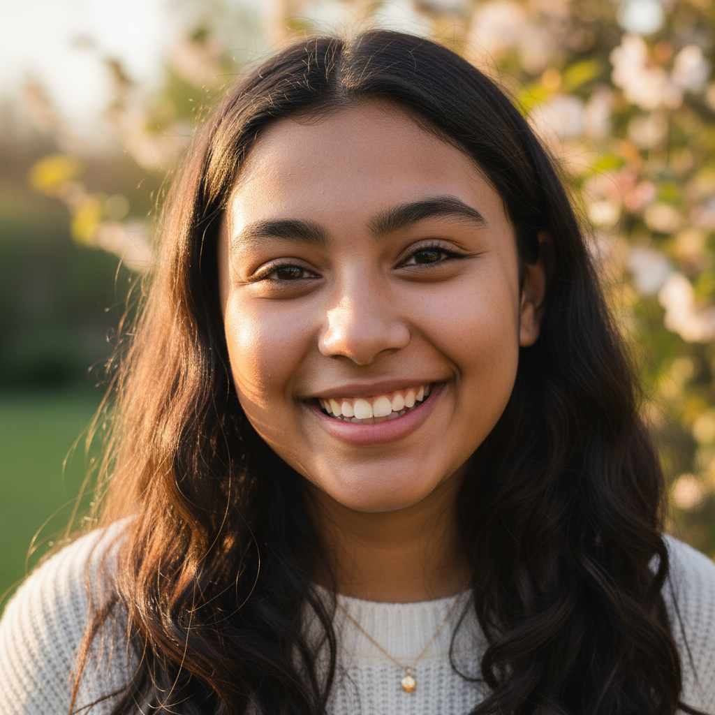 Young South Asian woman smiling, bright natural light, outdoor portrait