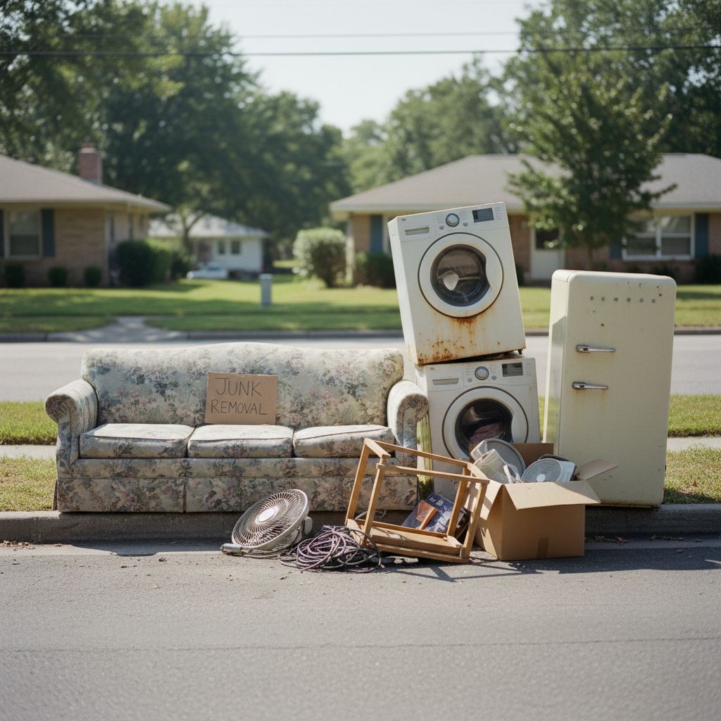 Old sofa and appliances staged at curbside in Nashville neighborhood ready for junk removal, daytime