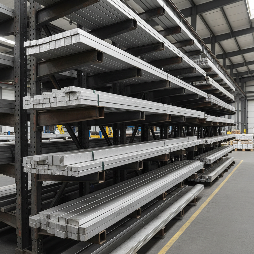 Shiny aluminum rods stacked in industrial warehouse with metallic silver surface
