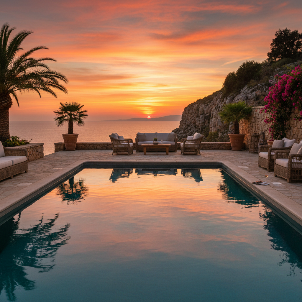Private villa pool at golden hour with terrace and sea view