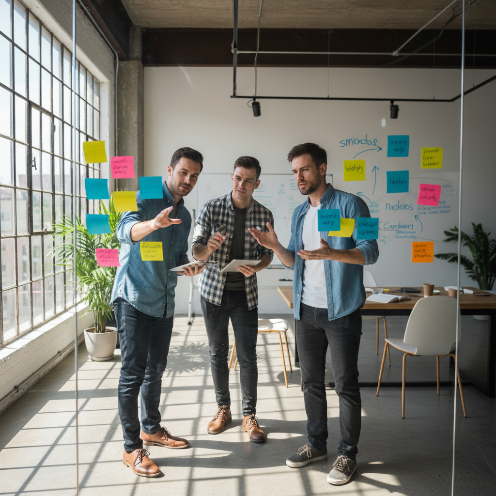 Small team of entrepreneurs brainstorming around a table with sticky notes, bright collaborative workspace