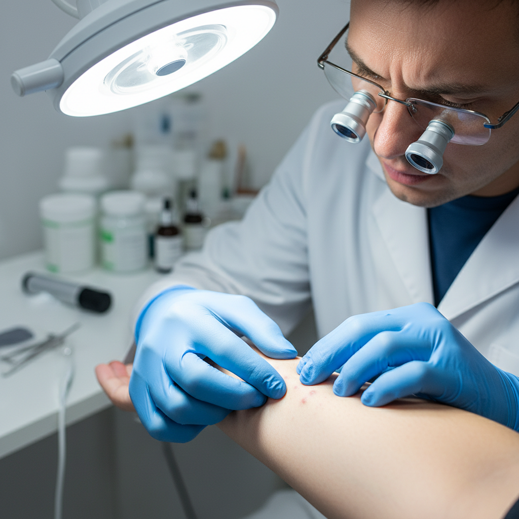 Doctor examining patient skin in a bright medical examination room, professional clinical environment