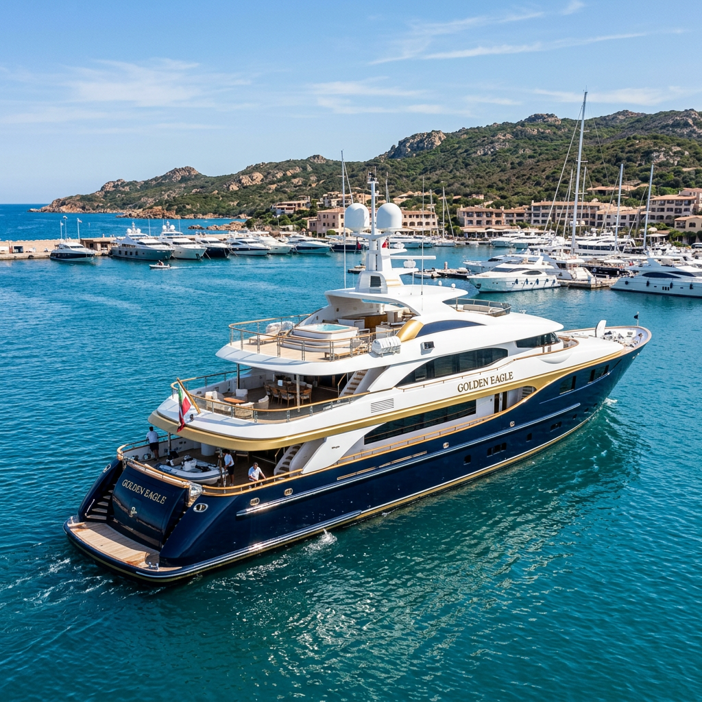 Luxury motor yacht Golden Eagle with gold trim at Porto Cervo marina