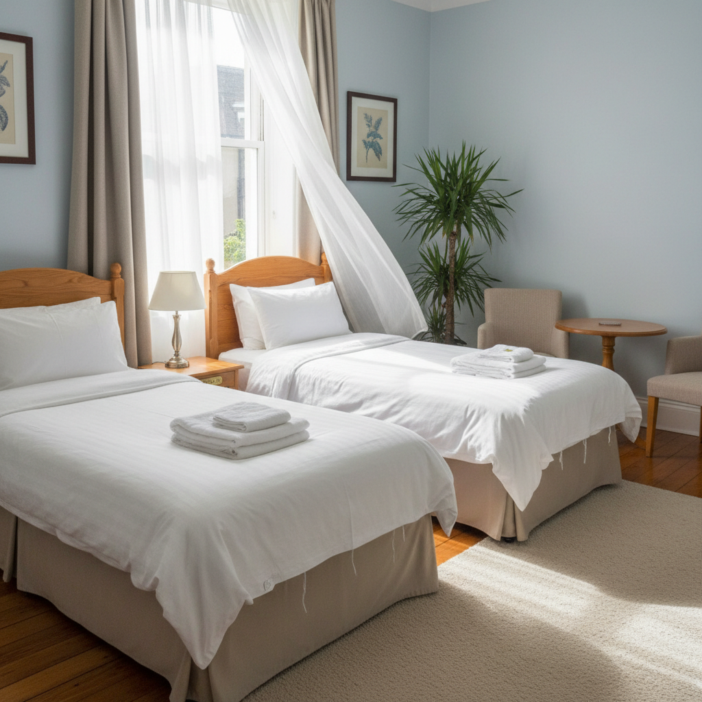 Comfortable twin room at the Griffin — light and airy, crisp white linen