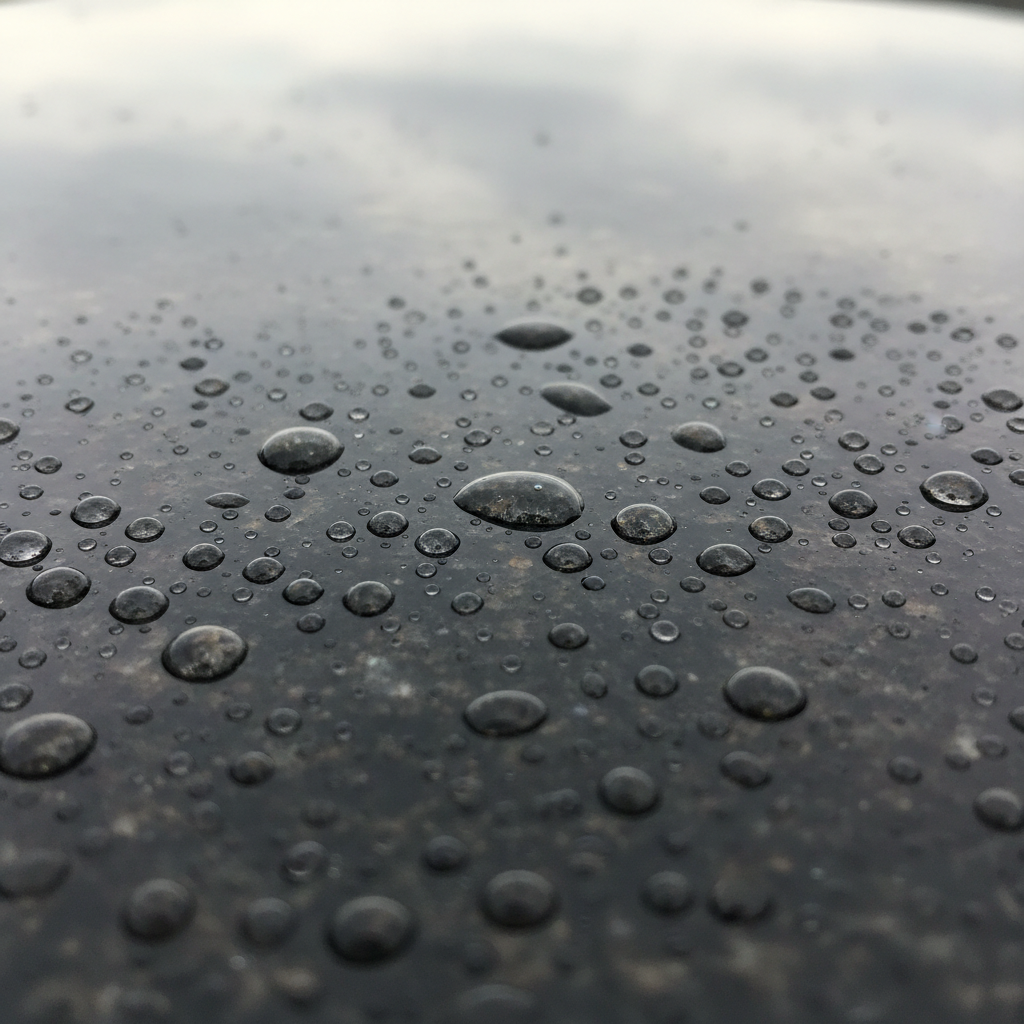 Close-up of rain beading on polished dark granite, each droplet catching the grey morning light