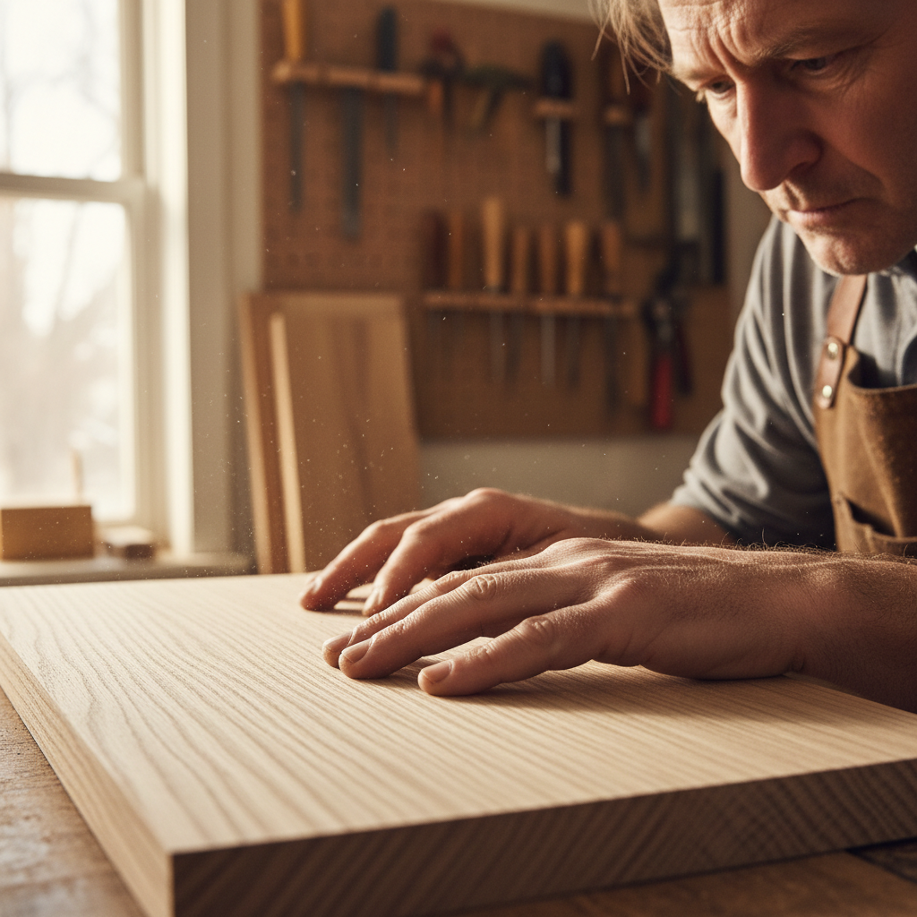 Darius Okafor, Master Carpenter at Stacks, carefully selecting a quarter-sawn oak board in his workshop, examining the grain pattern closely