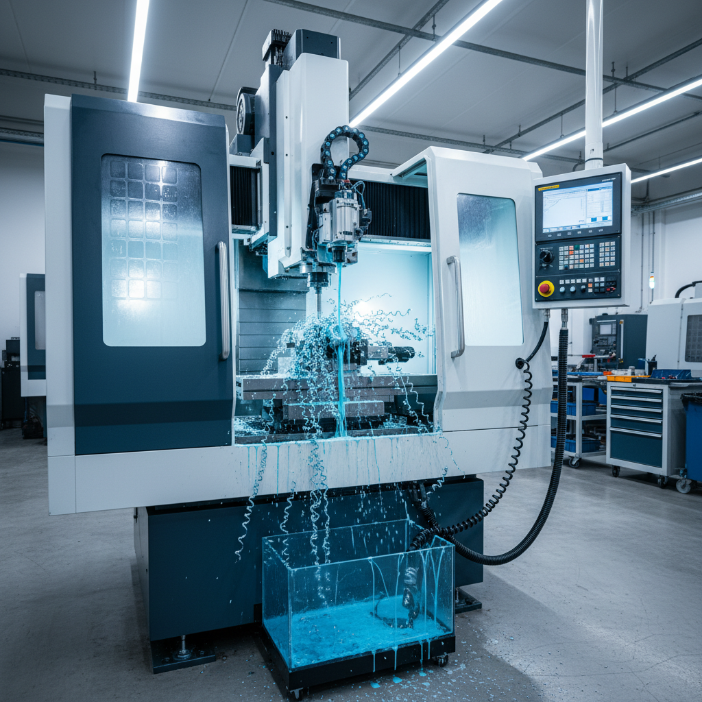 Modern CNC machining center with blue coolant fluid and precision metal cutting operations in progress