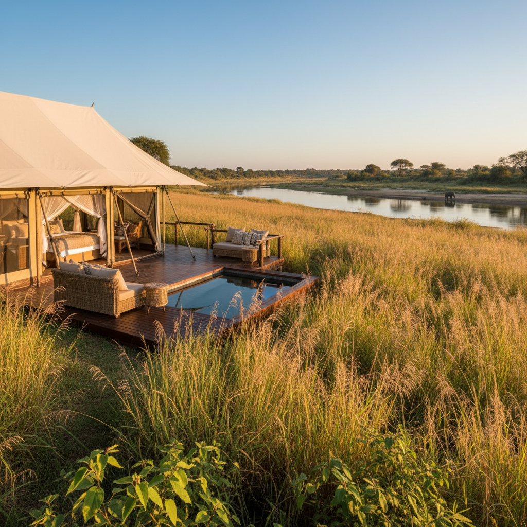Luxury riverside tent camp beside the Ganga river at sunset