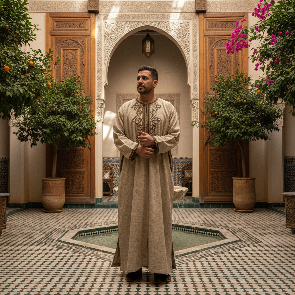 Omar Bensouda — Beoglobe luxury experiences guide, Moroccan man, elegant attire, riad courtyard background