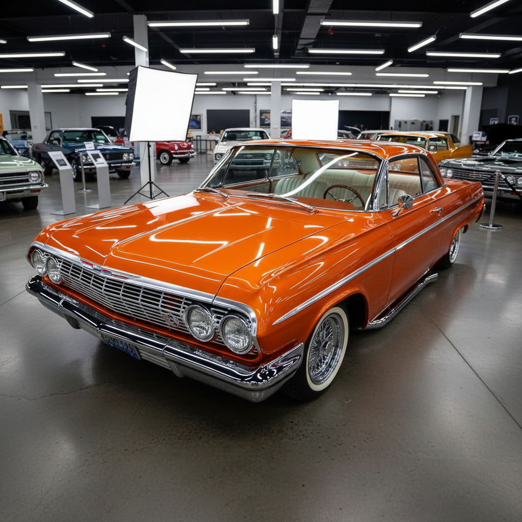 Classic lowrider car in stunning candy tangerine paint, gleaming under showroom lights after full restoration