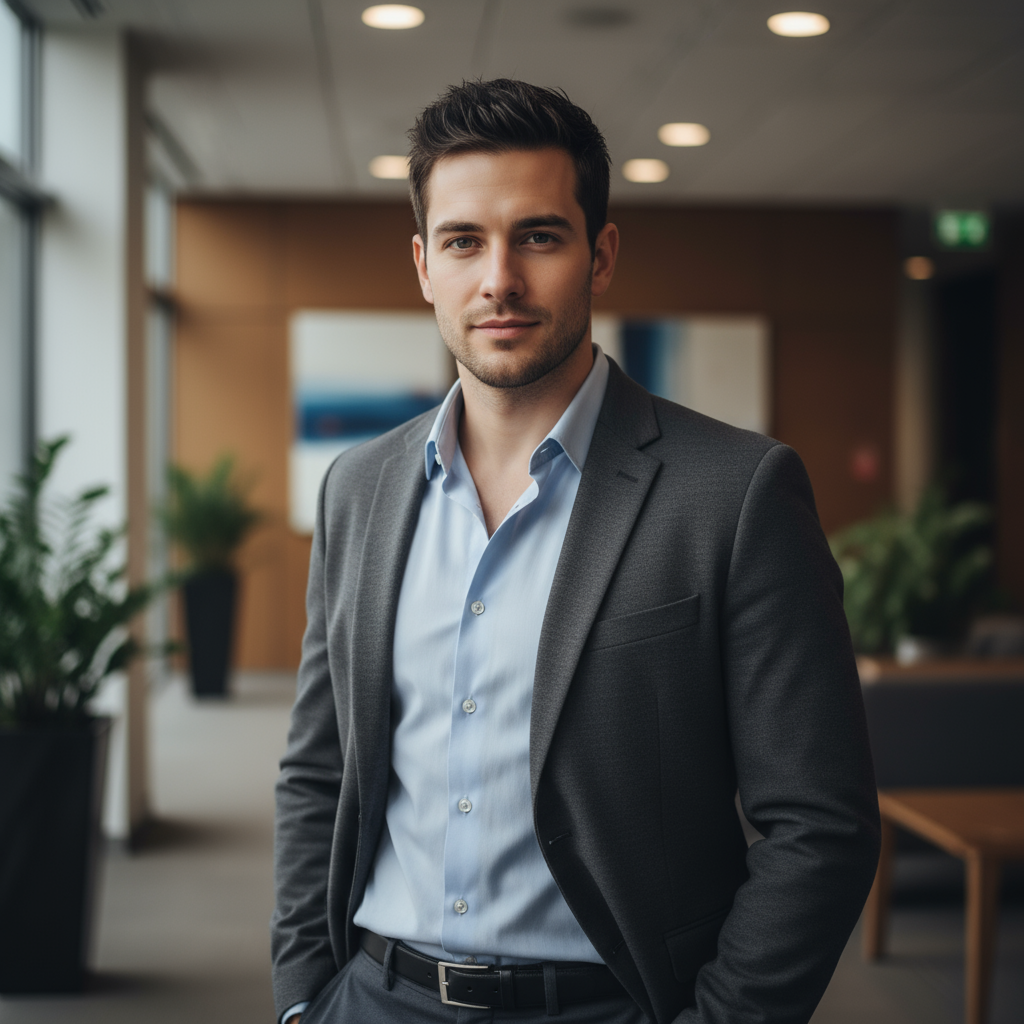 Young professional man with short hair in business casual attire against neutral background