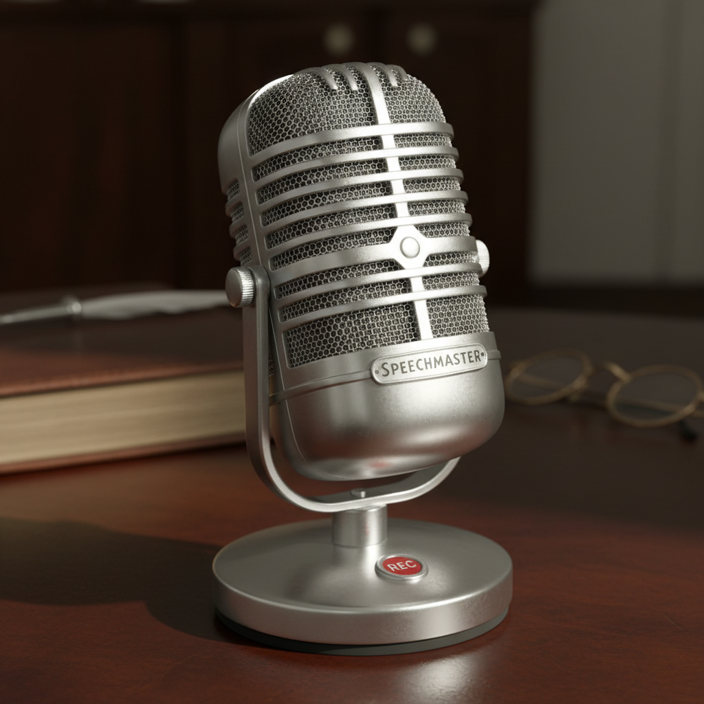 Vintage microphone on a wooden desk in dim light, close-up of recording equipment