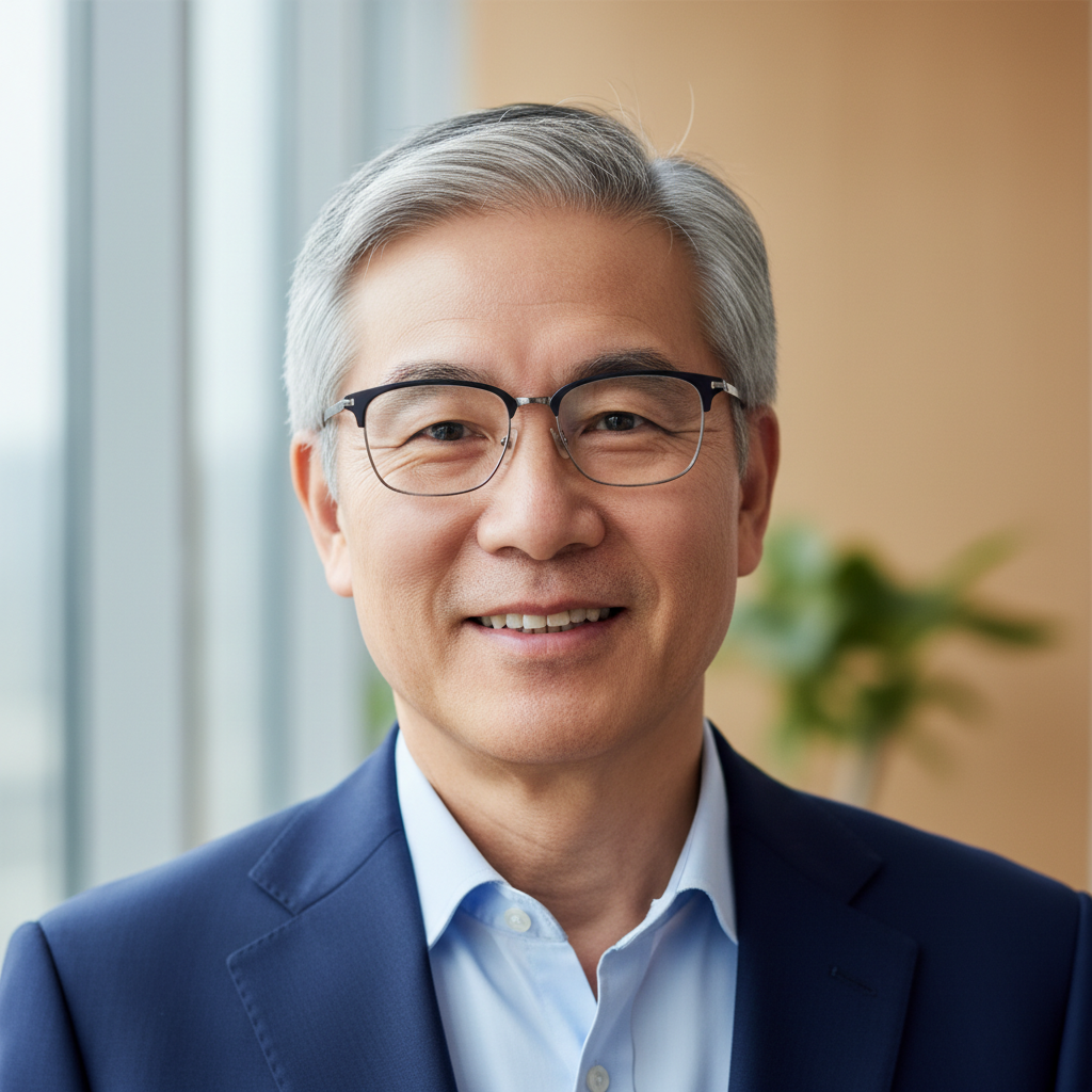 Asian man with glasses smiling, professional headshot