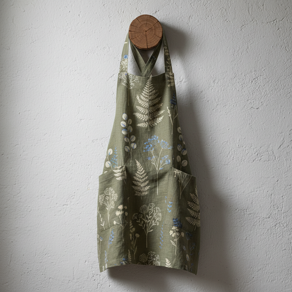 Crossback linen apron with hand-screened botanical print, hung on wooden peg against plaster wall