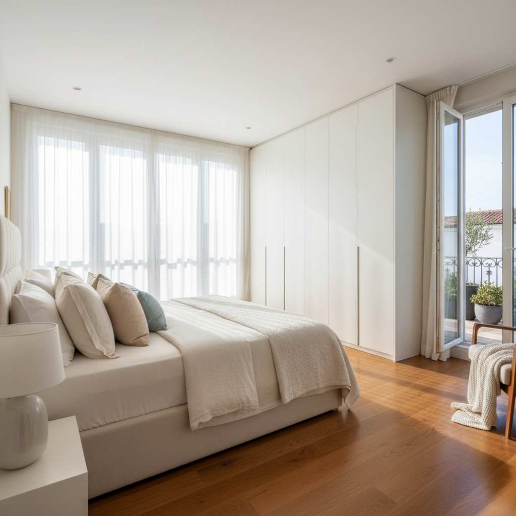 Master bedroom suite with king bed, dark marble feature wall and private terrace access overlooking Dubai skyline