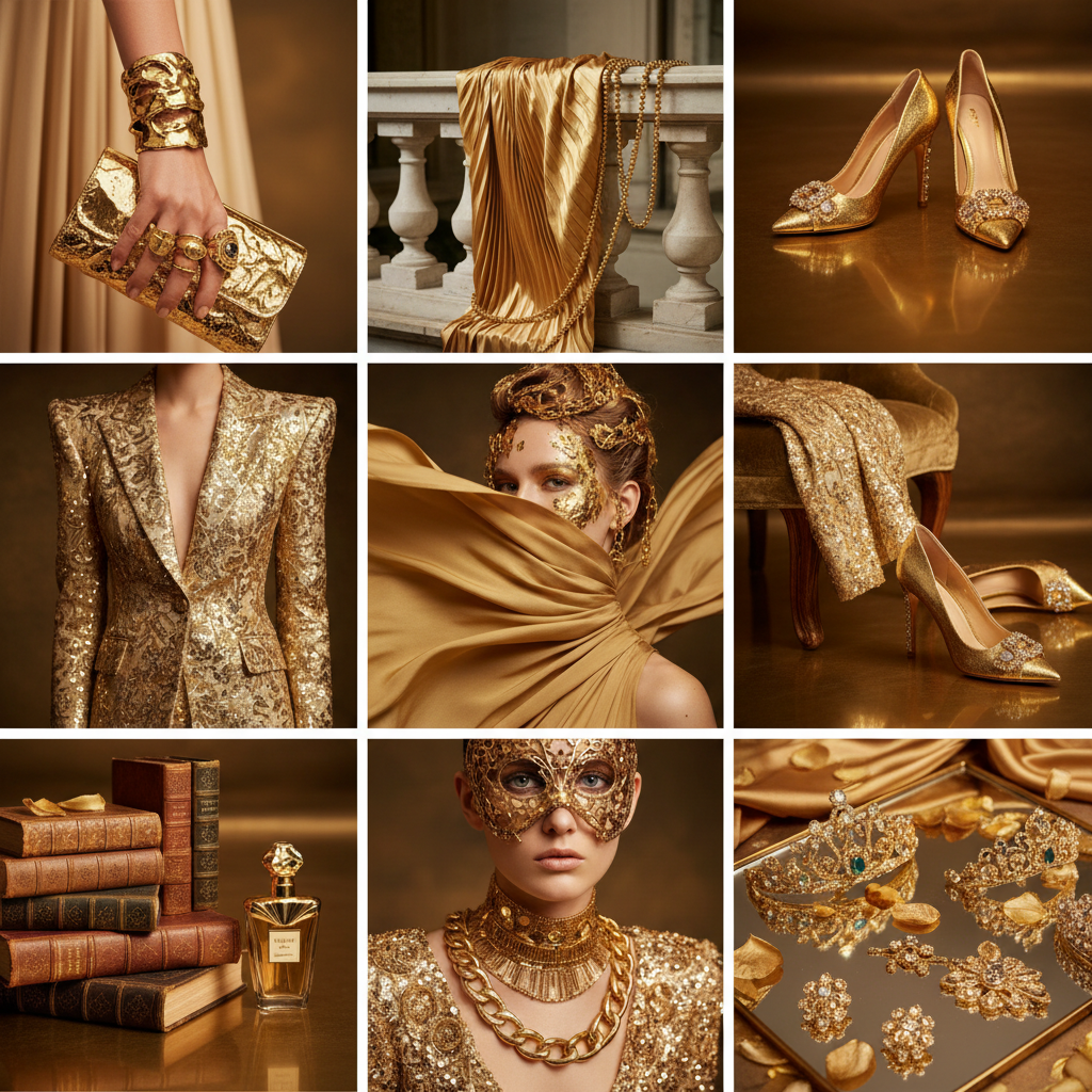 Elegant fashion editorial, gold tones, luxury boutique aesthetic