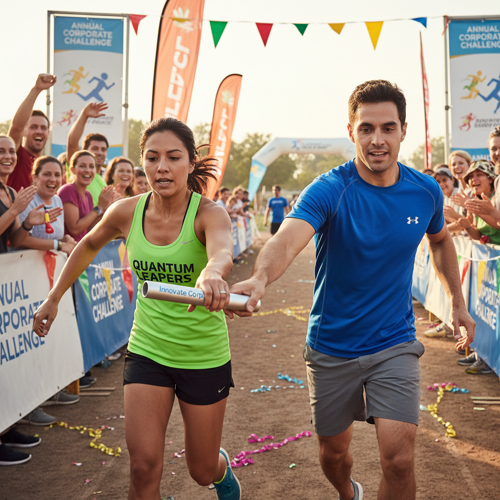 Corporate relay team passing baton in a colorful fun run event