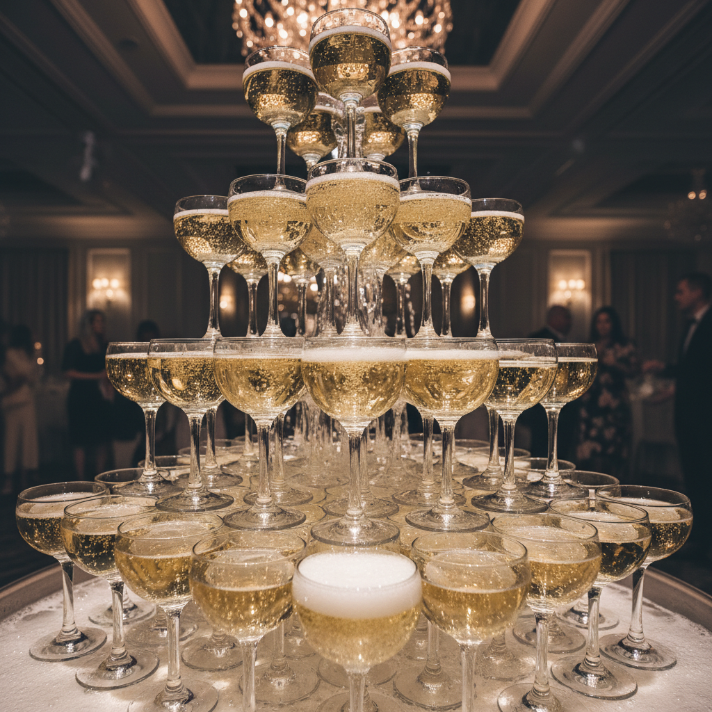 Five-tier champagne tower with flutes stacked and sparkling wine