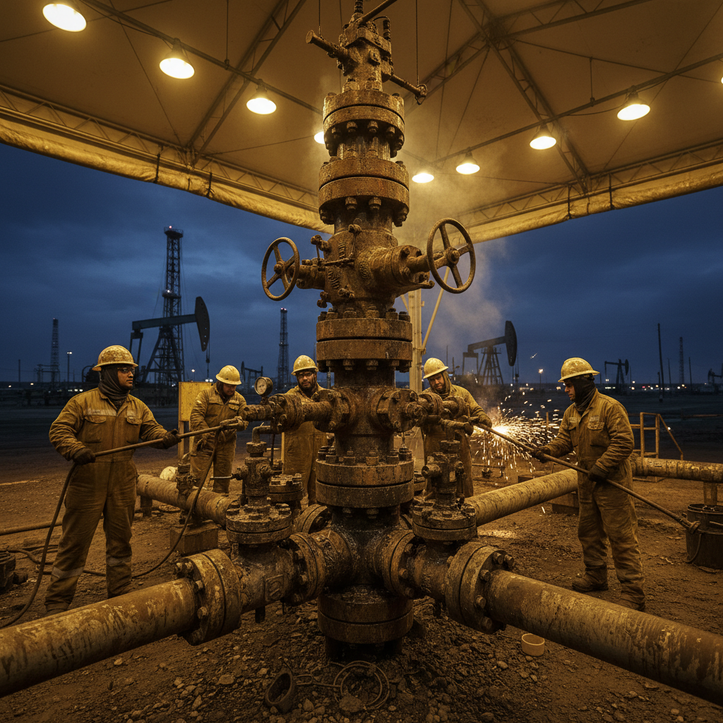 Oil wellhead Christmas tree maintenance at production facility, dim industrial environment, petroleum field workers