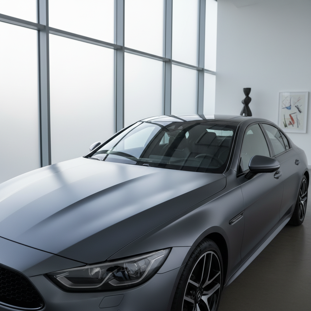 Premium vehicle with satin finish vinyl wrap, refined silky texture, elegant automotive photography