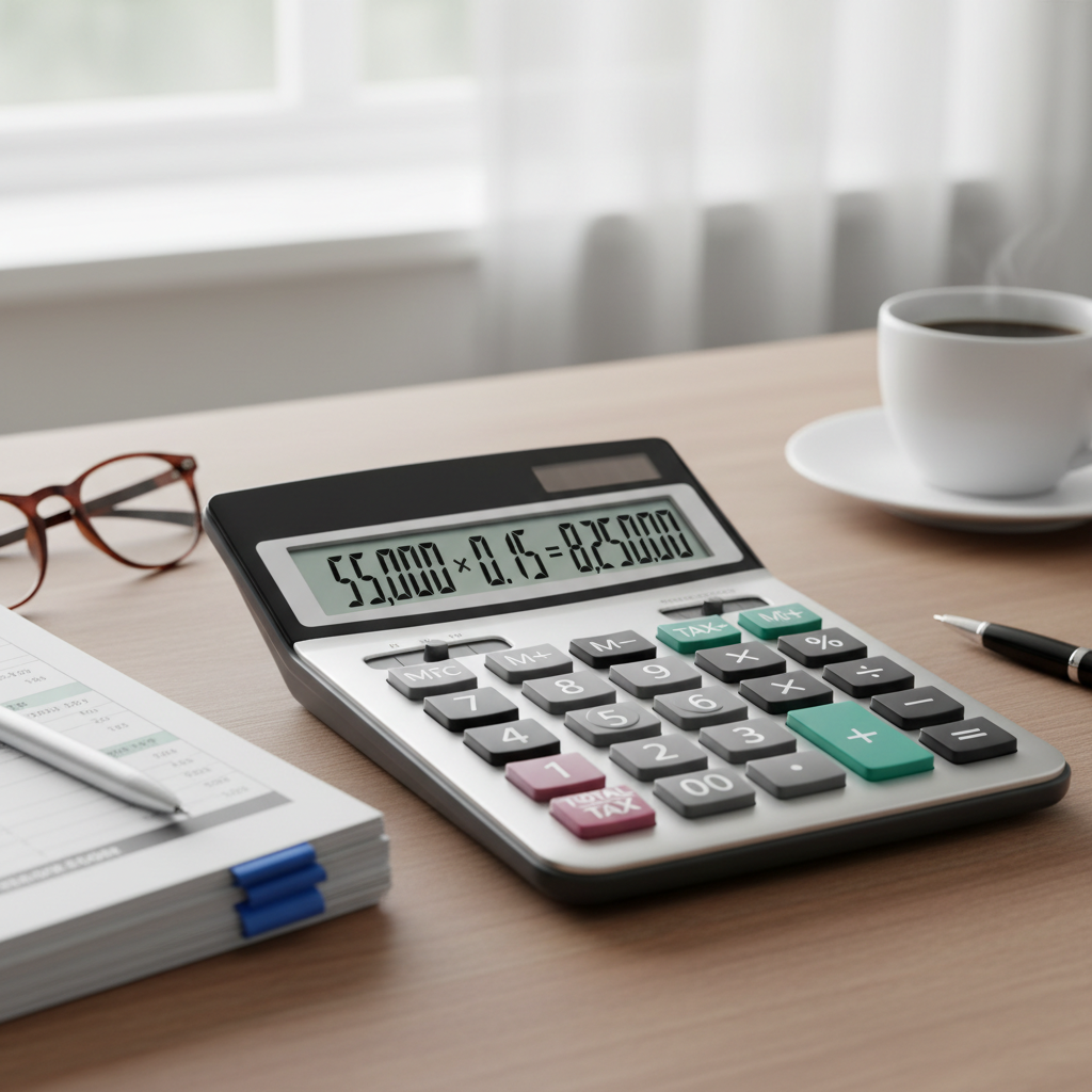 Calendar with tax deadline markers and calculator on wooden desk