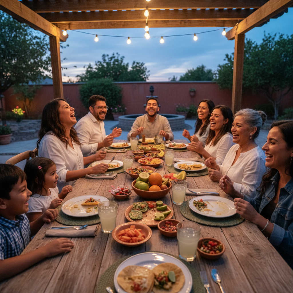 Multi-generational Mexican American family gathered around a long outdoor table mid-laugh, plates half-finished, string lights glowing at dusk