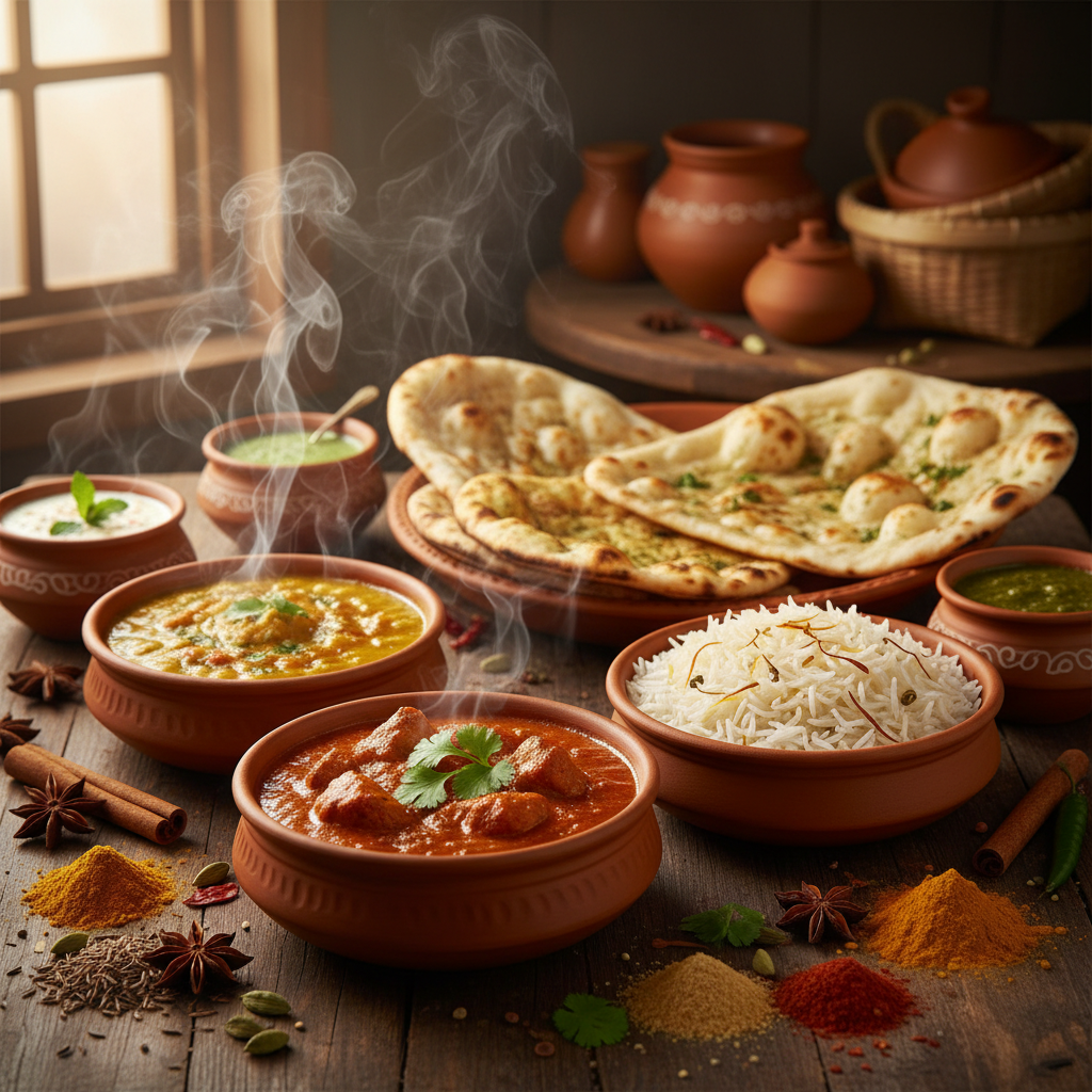 Aromatic Indian curry dishes with colorful spices and naan bread on a wooden table