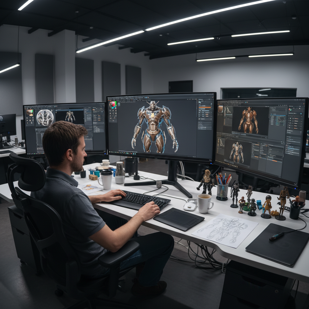 Animator working at a high-end workstation with 3D character models on screen