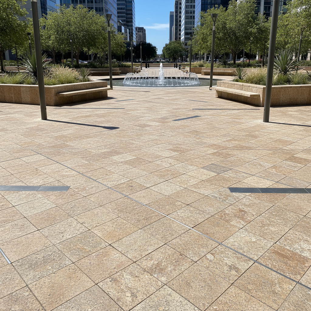 Municipal plaza hardscape with tan brown thermal flamed granite pavers in geometric pattern