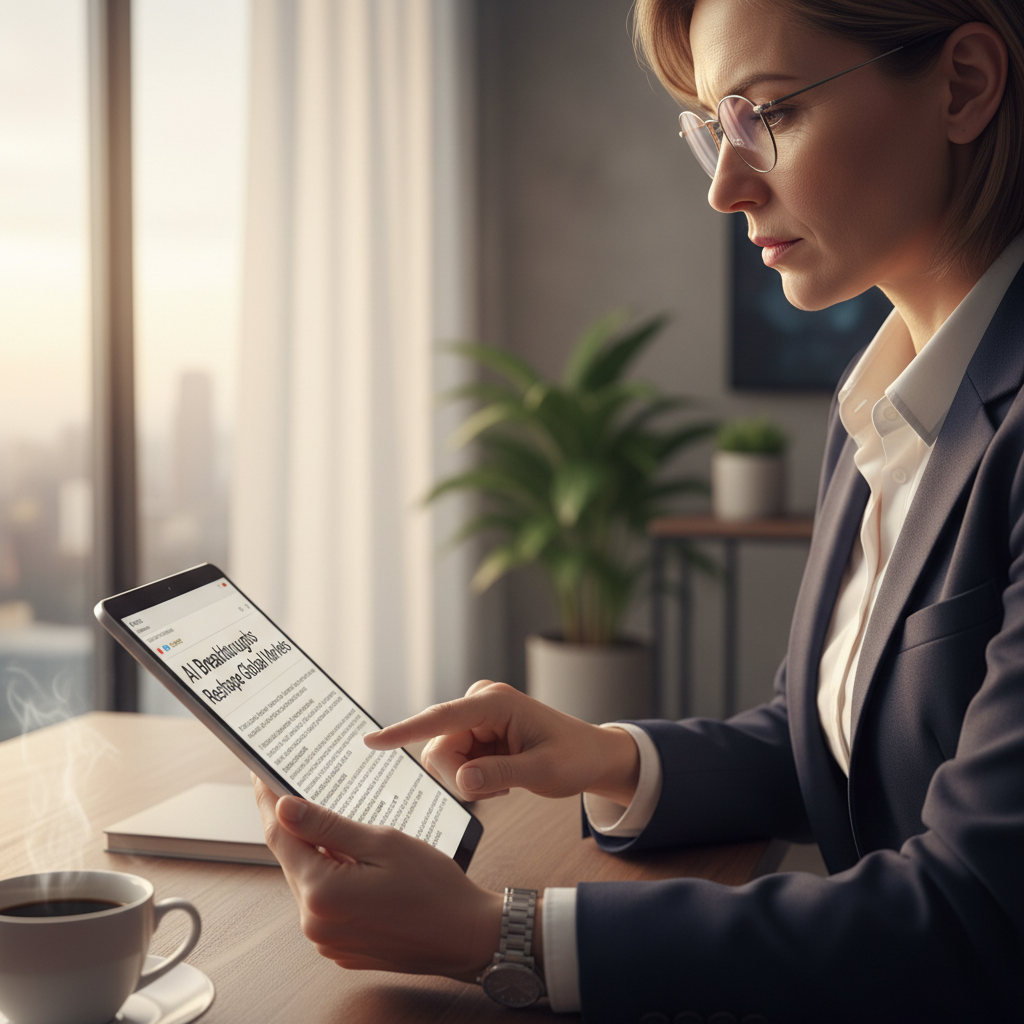 Executive reading AI news on tablet during morning routine