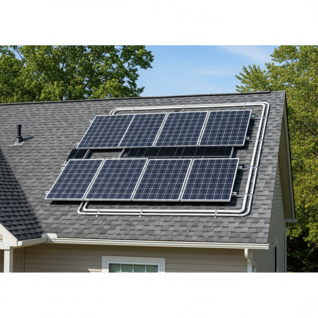 Solar panels installed on residential rooftop in Malaysia with blue sky background